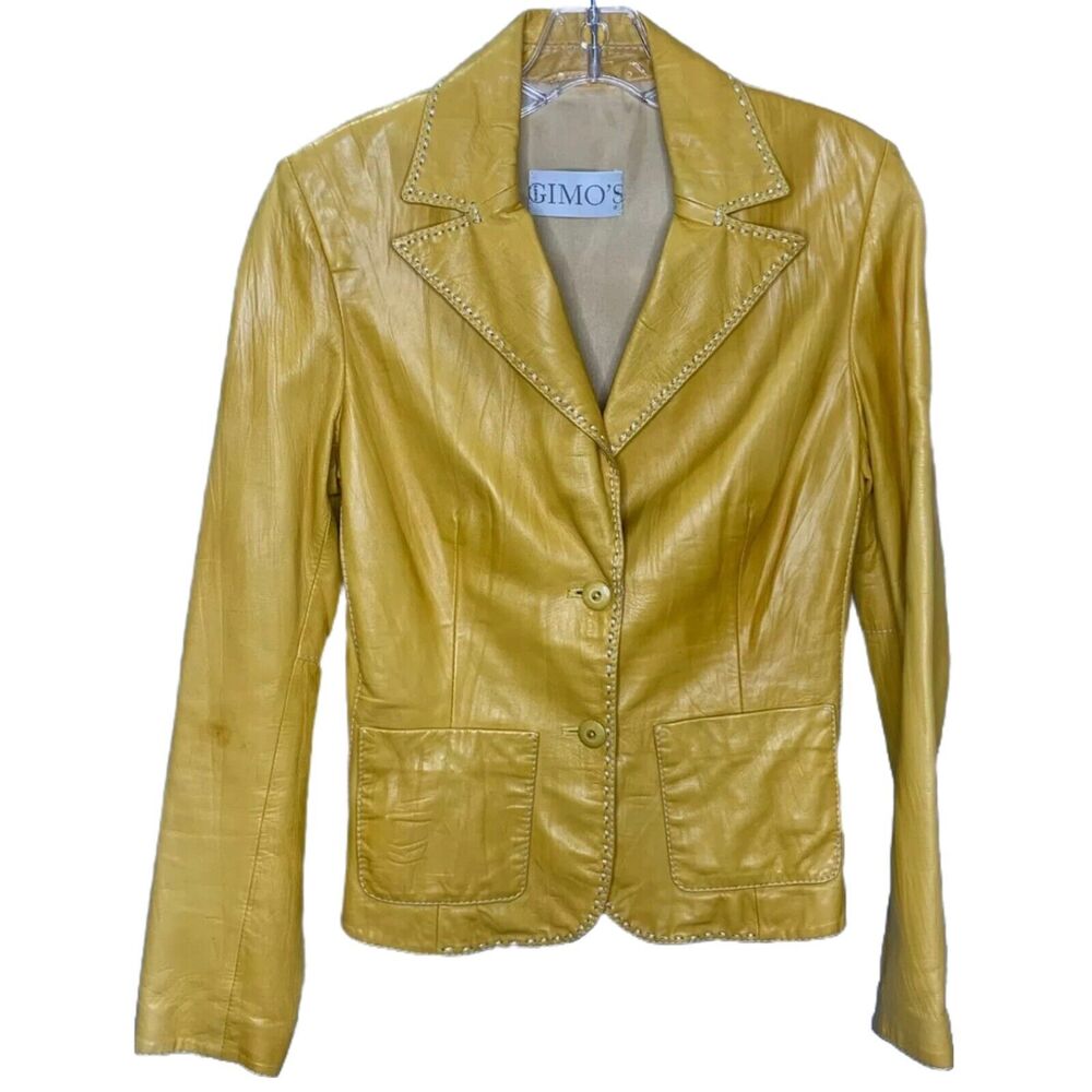 GIMO'S Women Jacket Leather Moto Yellow Mustard‎ 60's 70's Retro Buttery Soft S